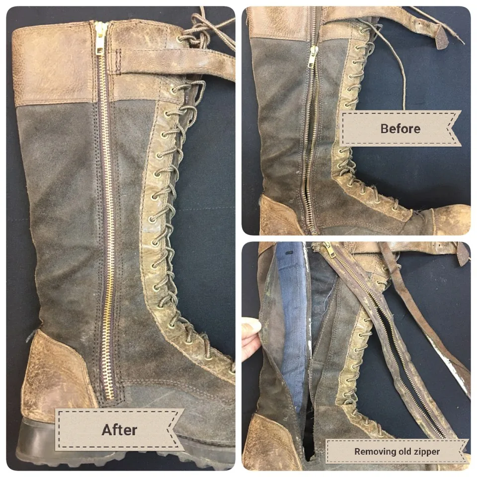 Tall lace-up boot, before and after, with the old zipper being removed
