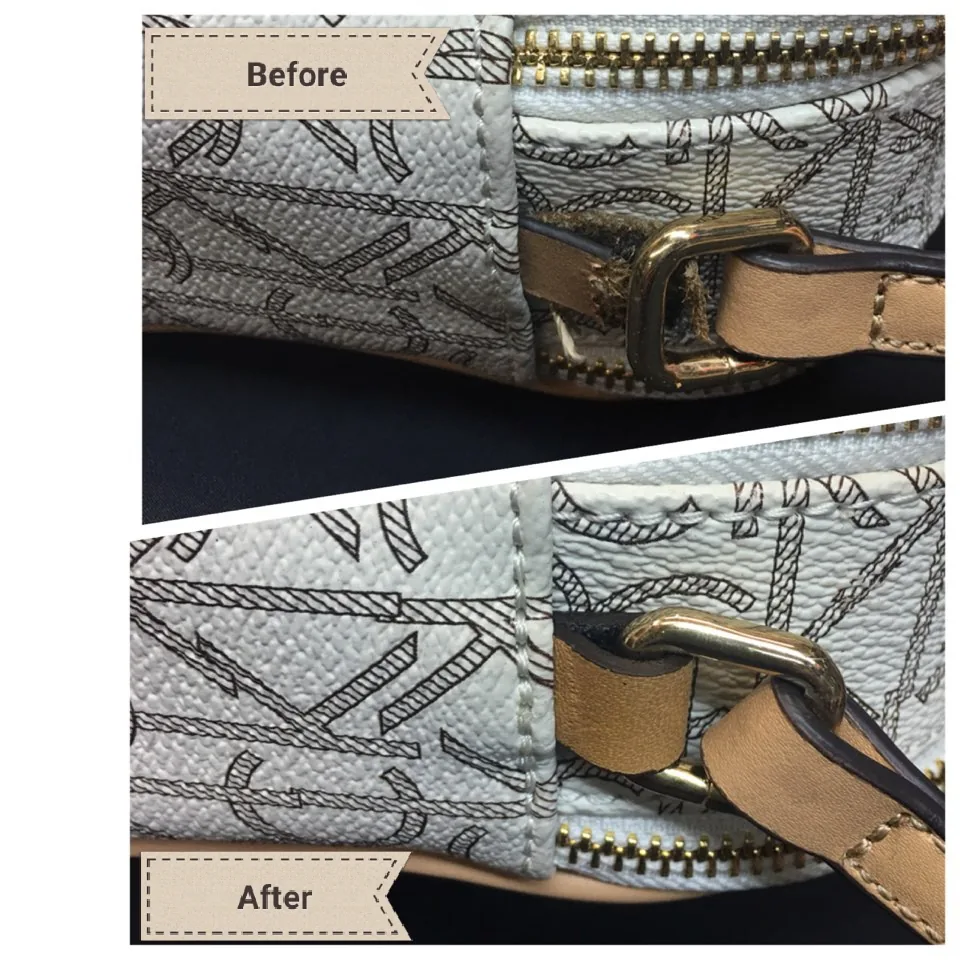 Patterned handbag strap, before and after