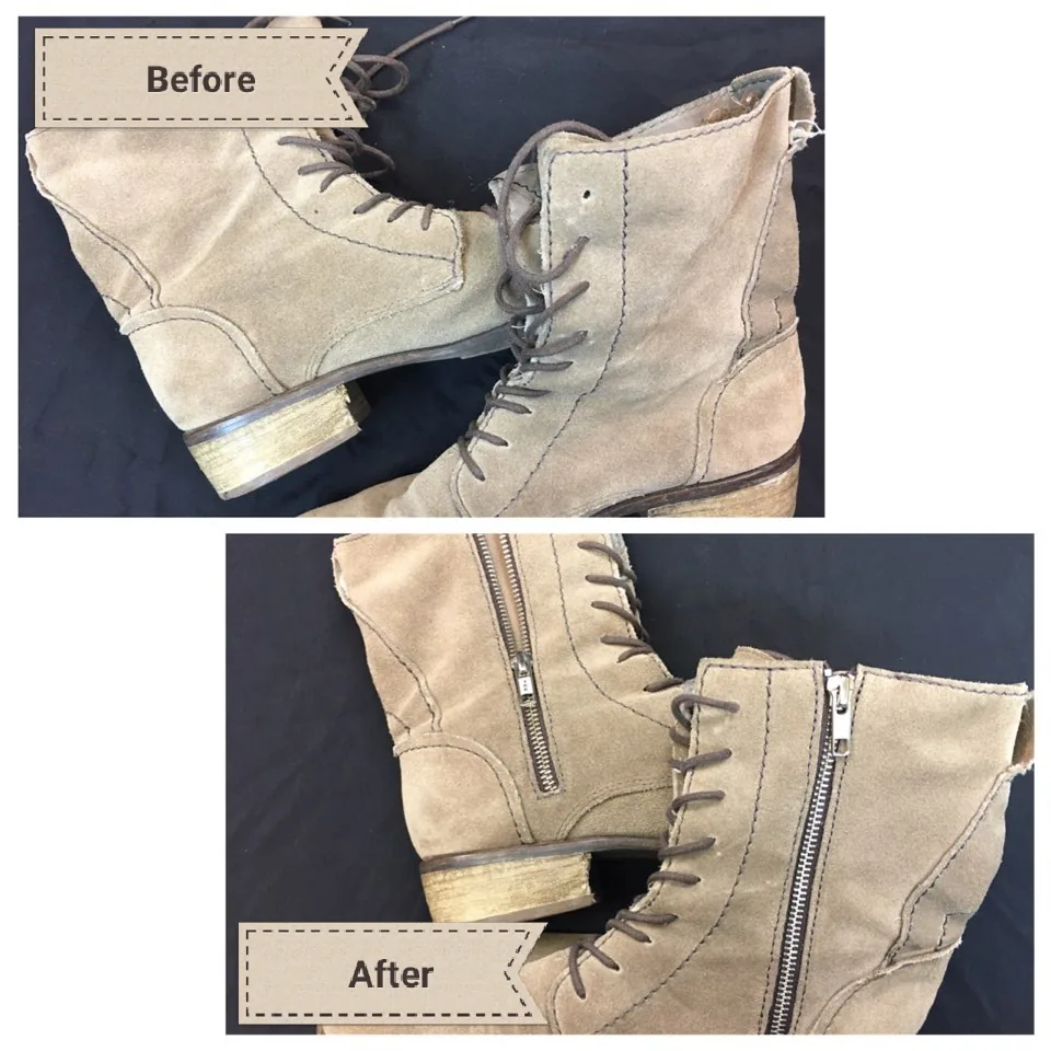 Suede lace-up boots, before and after