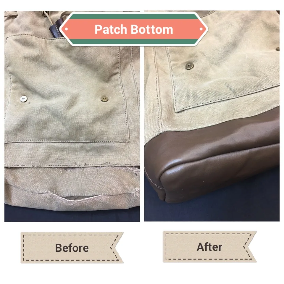 Canvas backpack, before and after a patch on the bottom