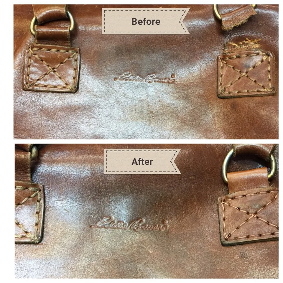 Brown leather bag stitching, before and after